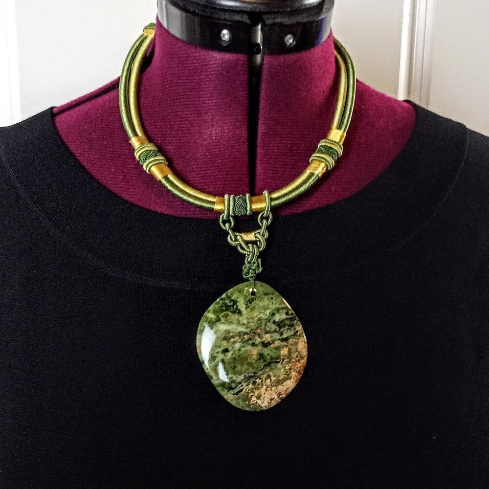 Handmade Green Oval Stone Pendant Silk Cord